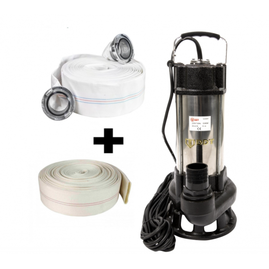 Pompa submersibila cu dublu tocator pentru apa murdara, DDT, V1500T, 1500 W, Inox + Furtun pompier, 20 metri, 2 toli + Furtunul de pompier 2'' 20 m, 8 bari, cu cuple
