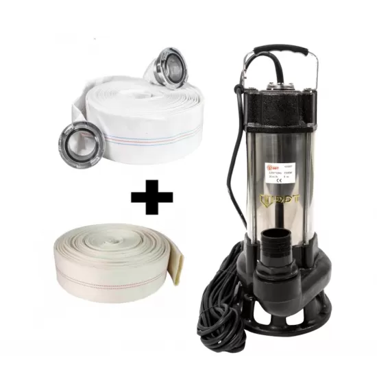 Pompa submersibila cu dublu tocator pentru apa murdara, DDT, V1500T, 1500 W, Inox + Furtun pompier, 20 metri, 2 toli + Furtunul de pompier 2'' 20 m, 8 bari, cu cuple Pompa submersibila cu dublu tocator pentru apa murdara, DDT, V1500T, 1500 W, Inox + Furtun pompier, 20 metri, 2 toli + Furtunul de pompier 2'' 20 m, 8 bari, cu cuple