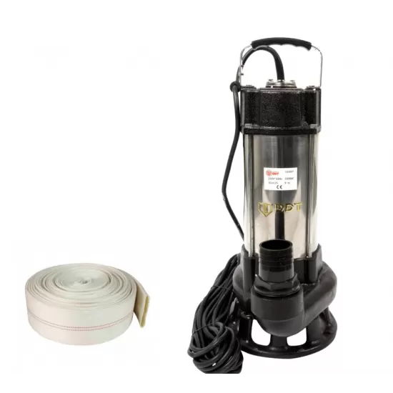 Pompa submersibila cu dublu tocator pentru apa murdara, DDT, V1500T, 1500 W, Inox + Furtun pompier, 20 metri, 2 toli + Furtunul de pompier 2'' 20 m, 8 bari, cu cuple Pompa submersibila cu dublu tocator pentru apa murdara, DDT, V1500T, 1500 W, Inox + Furtun pompier, 20 metri, 2 toli + Furtunul de pompier 2'' 20 m, 8 bari, cu cuple