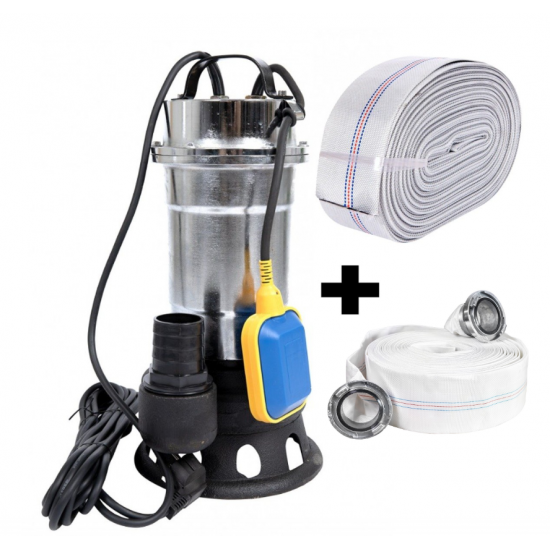 Pompa pentru apa murdara cu plutitor fara tocator, DDT, Inox, SWP2550F, 2550 W, 25 mc/h + Furtun pompier, 20 metri, 2 toli + Furtun pompier, 20 metri, 2 toli, cu cuple