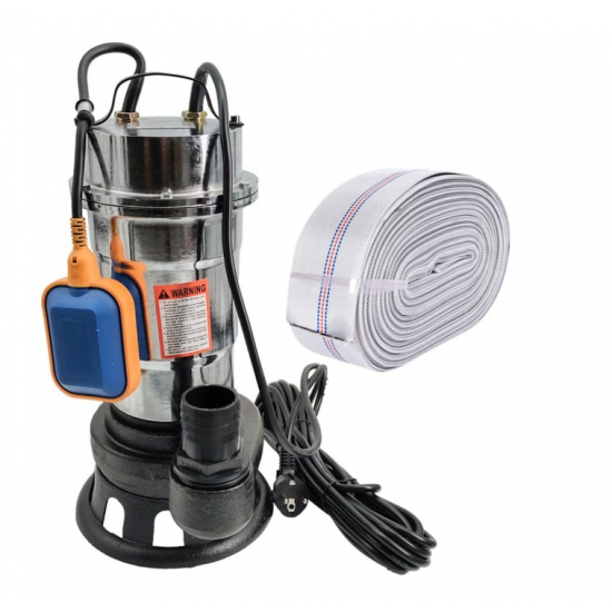 Pompa pentru apa murdara cu plutitor fara tocator, DDT, Inox, SWP2550F, 2550 W, 25 mc/h + Furtun pompier, 20 metri, 2 toli + Furtun pompier, 20 metri, 2 toli, cu cuple