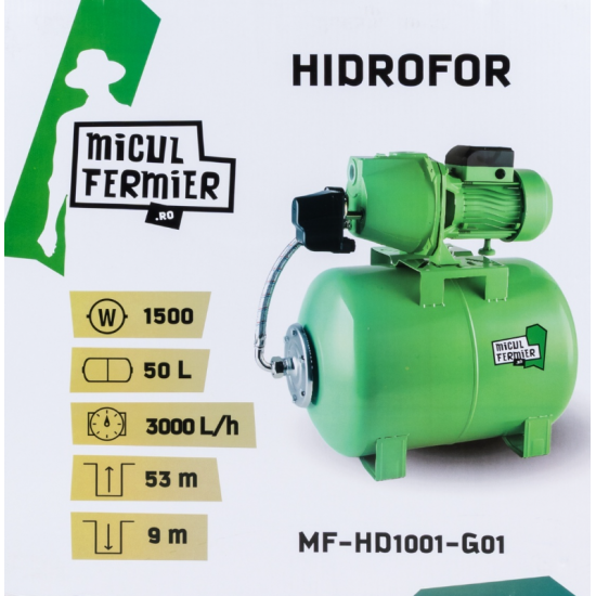 Hidrofor Micul Fermier 1.5 kW, debit maxim 3000l/h, inaltime maxima de pompare 53m, corp pompa fonta, butelie 50L