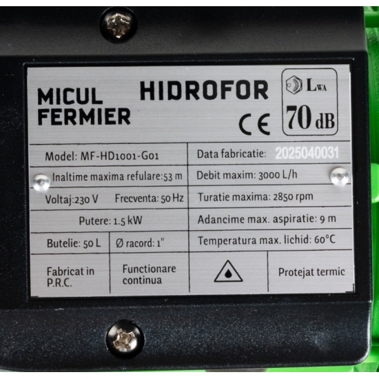 Hidrofor Micul Fermier 1.5 kW, debit maxim 3000l/h, inaltime maxima de pompare 53m, corp pompa fonta, butelie 50L