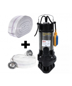 Pompa submersibila de apa murdara DDT V1500F, 1500 W, 12 mc/h+ Furtun pompier, 20 metri, 2 toli + Furtunul de pompier 2'' 20 m, 8 bari, cu cuple