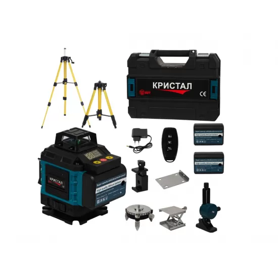 Nivelă laser profesională DDT-KRISTAL 16 linii 4D, verde, cu 2 acumulatori Li-Ion, telecomandă, trepied, suporturi și valiză de transport