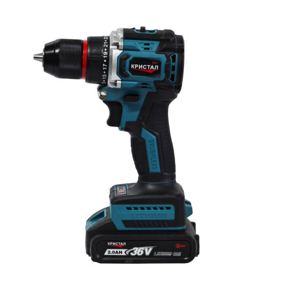 Bormașină cu acumulator DDT-KRISTAL 36V, 2 acumulatori Li-Ion 2.0Ah, motor fara perii (brushless), 2 viteze, cuplu reglabil, sistem autoblocaj, valiză de transport