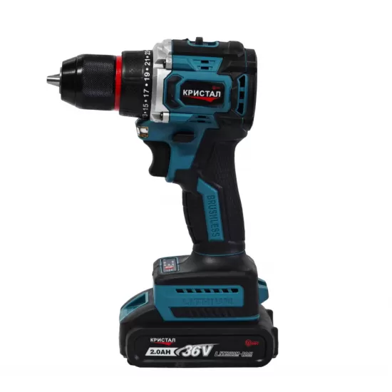 Bormașină cu acumulator DDT-KRISTAL 36V, 2 acumulatori Li-Ion 2.0Ah, motor fara perii (brushless), 2 viteze, cuplu reglabil, sistem autoblocaj, valiză de transport