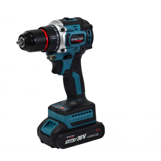 Bormașină cu acumulator DDT-KRISTAL 36V, 2 acumulatori Li-Ion 2.0Ah, motor fara perii (brushless), 2 viteze, cuplu reglabil, sistem autoblocaj, valiză de transport