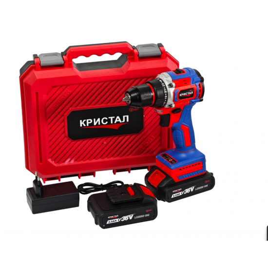 Bormașină cu acumulator DDT-KRISTAL 36V, 2 acumulatori Li-Ion 2.0Ah, motor fara perii (brushless), 2 viteze, cuplu reglabil, sistem autoblocaj, valiză de transport