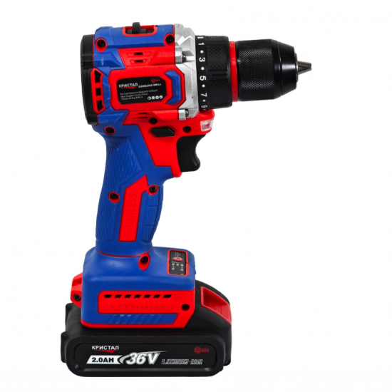 Bormașină cu acumulator DDT-KRISTAL 36V, 2 acumulatori Li-Ion 2.0Ah, motor fara perii (brushless), 2 viteze, cuplu reglabil, sistem autoblocaj, valiză de transport