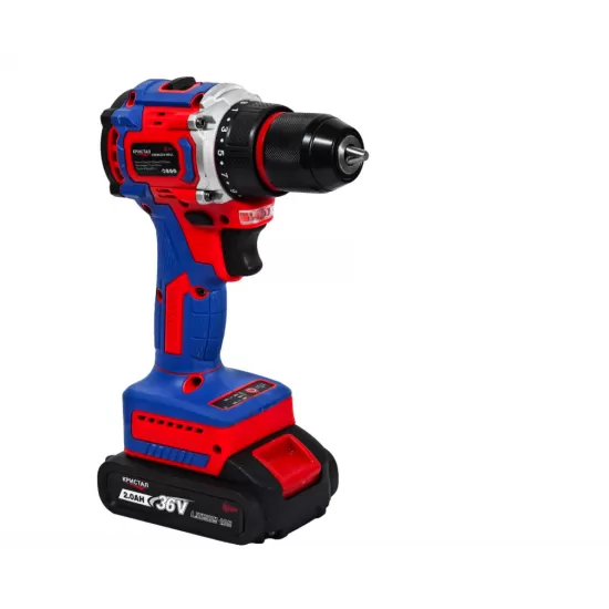 Bormașină cu acumulator DDT-KRISTAL 36V, 2 acumulatori Li-Ion 2.0Ah, motor fara perii (brushless), 2 viteze, cuplu reglabil, sistem autoblocaj, valiză de transport