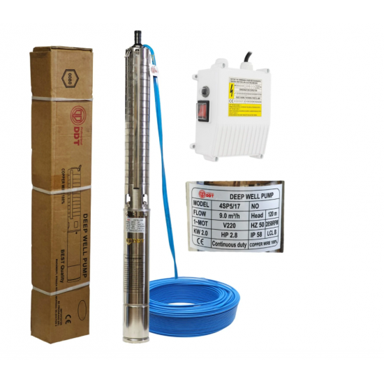 Pompa submersibilă de adâncime DDT 4SP5/12 – 1.8 kW, 2.5 CP, 8 m³/h, 90 m inaltimea de refulare , 12 turbine inox cu panou de control, rezistenta la nisip
