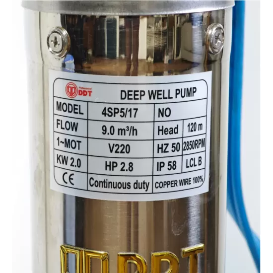 Pompa submersibilă de adâncime DDT 4SP5/12 – 1.8 kW, 2.5 CP, 8 m³/h, 90 m inaltimea de refulare , 12 turbine inox cu panou de control, rezistenta la nisip