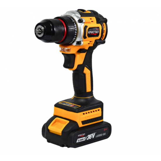 Bormașină cu acumulator DDT-KRISTAL 36V, 2 acumulatori Li-Ion 2.0Ah, motor fara perii (brushless), 2 viteze, cuplu reglabil, sistem autoblocaj, valiză de transport