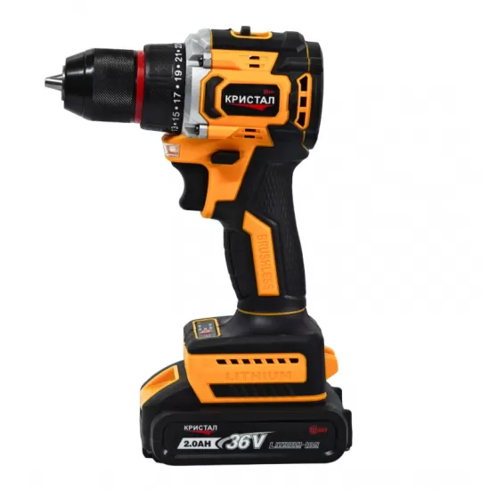 Bormașină cu acumulator DDT-KRISTAL 36V, 2 acumulatori Li-Ion 2.0Ah, motor fara perii (brushless), 2 viteze, cuplu reglabil, sistem autoblocaj, valiză de transport