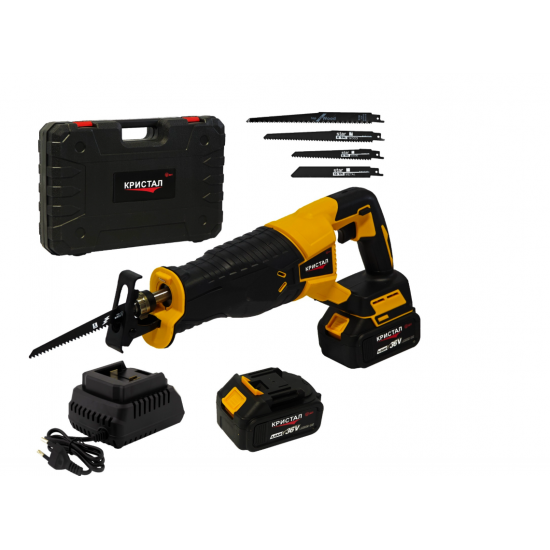 Fierăstrău tip sabie cu acumulator DDT CRISTAL, 36V, Viteza Variabila, Adancime de Taiere 115mm Lemn, 8mm Otel, 12mm Aluminiu, 2x baterii 4.0Ah, încărcător + 4 panze diferite incluse