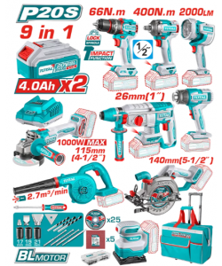 TOTAL - KIT COMBO 20V -4.0Ah - BORMASINA, MASINA INSURUBAT,POLIZOR UNGHIULAR, ROTOPERCUTOR, FIERASTR