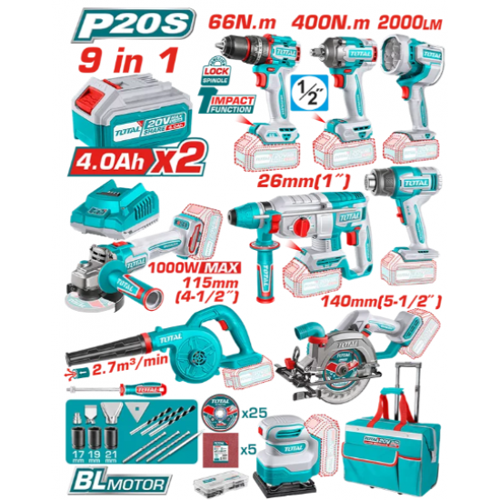 TOTAL - KIT COMBO 20V -4.0Ah - BORMASINA, MASINA INSURUBAT,POLIZOR UNGHIULAR, ROTOPERCUTOR, FIERASTR