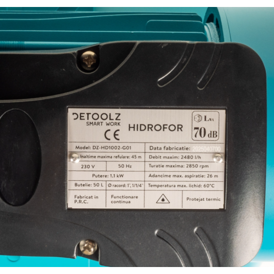 Hidrofor Detoolz 1.1 kW, debit maxim 2480lh, inaltime maxima de pompare 45m, corp pompa fonta, butelie 50L, ejector