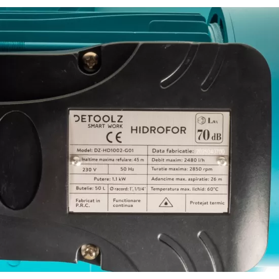 Hidrofor Detoolz 1.1 kW, debit maxim 2480lh, inaltime maxima de pompare 45m, corp pompa fonta, butelie 50L, ejector Hidrofor Detoolz 1.1 kW, debit maxim 2480lh, inaltime maxima de pompare 45m, corp pompa fonta, butelie 50L, ejector