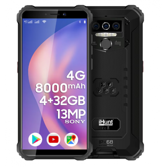 Telefon Mobil iHunt TITAN P8000 PRO, 4G+, 8000mAh, Triple Camera 13MP, 5.5-inch HD+ Gorilla Glass, IP68, 4GB + 32GB, Android 10, Black