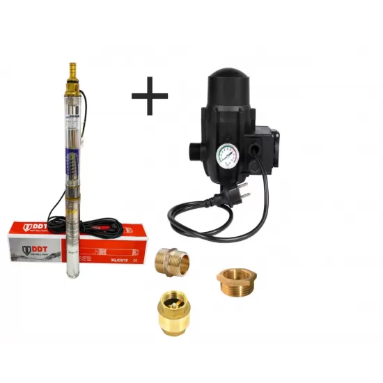 Pompa submersibila, DDT, 3QJD-1.1, 1.1 kW, Inox, 75 mm diametru, 10 turbine + Presostat electronic automat, DDT, LS-4 + accesorii Pompa submersibila, DDT, 3QJD-1.1, 1.1 kW, Inox, 75 mm diametru, 10 turbine + Presostat electronic automat, DDT, LS-4 + accesorii