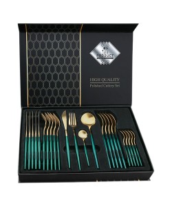 Set 24 tacamuri din inox Quasar & Co.,Auriu/Verde 6 x cutite, 6 x linguri, 6 x furculite, 6 x lingurite