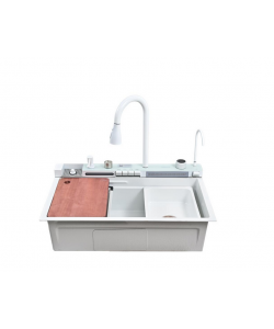 Set chiuveta multifunctionala HAUSBERG HBC-9955AB din otel inoxidabil, baterie dubla, cuva perforata fructe/legume, cuva universala cu dop scurgere, tocator, 750x460x220 mm, accesorii incluse, Alb 