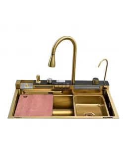 Set chiuveta multifunctionala HAUSBERG HBC-9955AU din otel inoxidabil, baterie dubla, cuva perforata fructe/legume, cuva universala cu dop scurgere, tocator, 750x460x220 mm, accesorii incluse, Auriu 