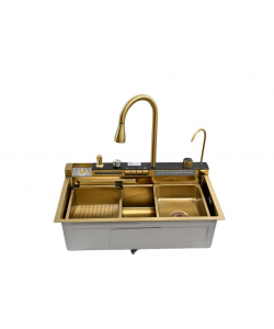 Set chiuveta multifunctionala HAUSBERG HBC-9955AU din otel inoxidabil, baterie dubla, cuva perforata fructe/legume, cuva universala cu dop scurgere, tocator, 750x460x220 mm, accesorii incluse, Auriu 