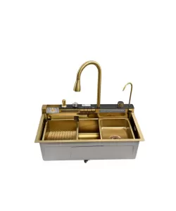 Set chiuveta multifunctionala HAUSBERG HBC-9955AU din otel inoxidabil, baterie dubla, cuva perforata fructe/legume, cuva universala cu dop scurgere, tocator, 750x460x220 mm, accesorii incluse, Auriu  Set chiuveta multifunctionala HAUSBERG HBC-9955AU din otel inoxidabil, baterie dubla, cuva perforata fructe/legume, cuva universala cu dop scurgere, tocator, 750x460x220 mm, accesorii incluse, Auriu