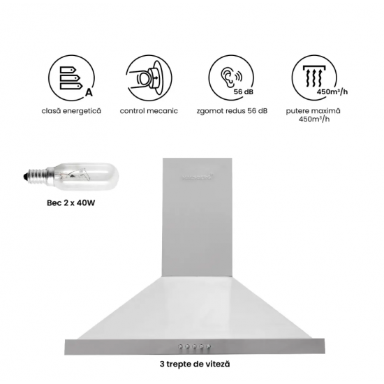 Hota incorporabila decorativa Hausberg HB-1260, Putere de absorbtie 450 m3/h, 1 motor, 60 cm, Inox