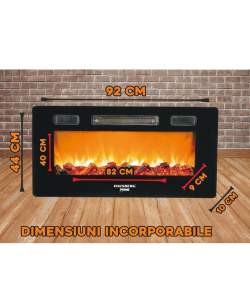 Semineu electric de perete Hausberg HB-8225, 1800W, Telecomanda, 3 Niveluri de lucru, Turboventilator, Elect de flacara led culoare portocalie, Termostat reglabil, Fier + sticla