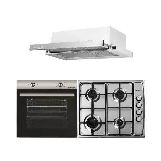 Pachet Cuptor electric Incorporabil Hausberg HB-8051IN, Clasa A, 76L, 2000W, Negru/Inox, Plita Incorporabila HB-555, 4 arzatoare, Gaz, Inox, Hota incorporabila telescopica HB-1285IN, Putere de absorbtie 420 m3/h, 2 motoare, 60 cm, Alb