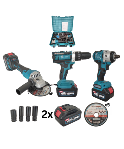 Trusă 3 în 1 cu Acumulator 36V – Mașină de Înșurubat cu Impact, Autofiletantă și Polizor Unghiular, German Meister, Brushless, 2x Acumulatori 8Ah