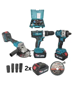 Trusă 3 în 1 cu Acumulator 36V – Mașină de Înșurubat cu Impact, Autofiletantă și Polizor Unghiular, German Meister, Brushless, 2x Acumulatori 8Ah