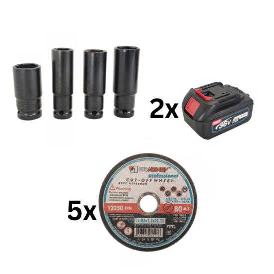 Trusă 3 în 1 cu Acumulator 36V – Mașină de Înșurubat cu Impact, Autofiletantă și Polizor Unghiular, German Meister, Brushless, 2x Acumulatori 8Ah