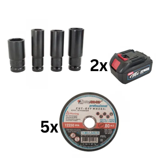 Trusă 3 în 1 cu Acumulator 36V – Mașină de Înșurubat cu Impact, Autofiletantă și Polizor Unghiular, German Meister, Brushless, 2x Acumulatori 8Ah