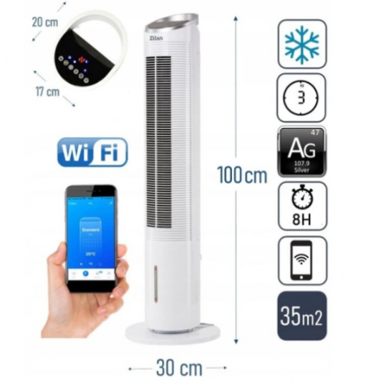 Ventilator turn smart WiFi Zilan ZLN-1010 cu racire prin apa - 60W, timer 8h, oscilatie 55°, 3 viteze, control de pe telefon