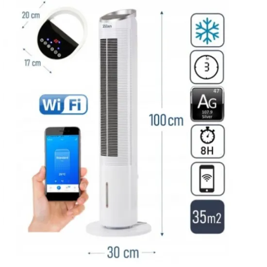 Ventilator turn smart WiFi Zilan ZLN-1010 cu racire prin apa - 60W, timer 8h, oscilatie 55°, 3 viteze, control de pe telefon