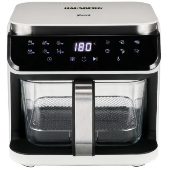 Friteuza cu aer Hausberg HB-2343AB, 6.5L, cos sticla, 12 programe, touchscreen, 1200W-1400W, 65-200°C , Alb