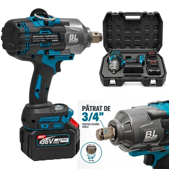 Cheie de Impact Profesională German Meister 36V/10 AH MAX, Brushless 2100 Nm, Prindere 3/4", 3 Trepte de Putere, LED