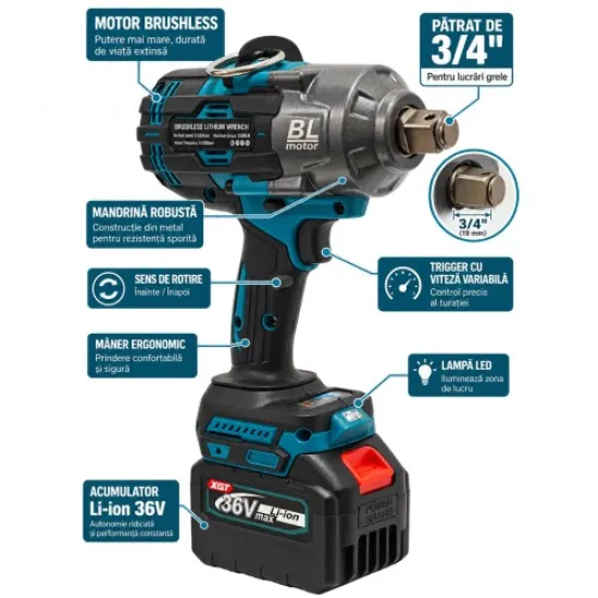 Cheie de Impact Profesională German Meister 36V/10 AH MAX, Brushless 2100 Nm, Prindere 3/4", 3 Trepte de Putere, LED