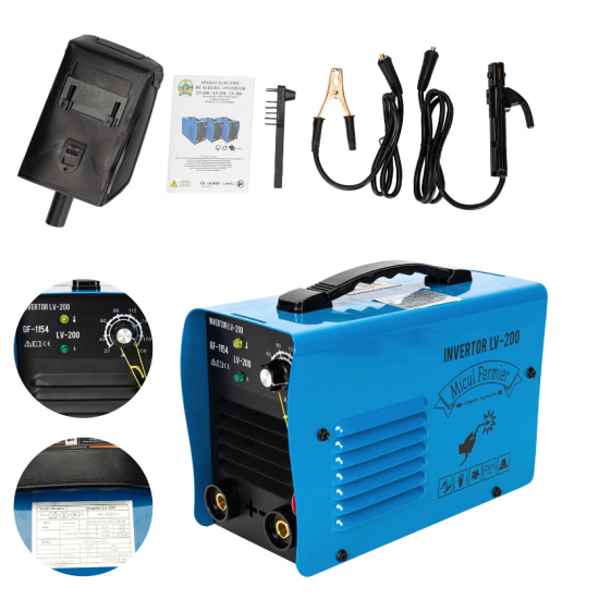 Pachet promotional Aparat de sudura invertor Micul Fermier LV-200, Masca automata, Palmari, Electrozi, 200A, Albastru, Accesorii incluse