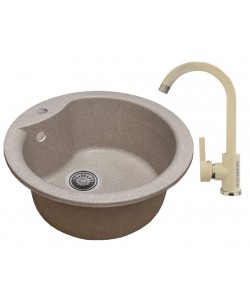 Pachet Chiuveta bucatarie Sanitec Pi SN9032BEJ, granit-compozit , 1 cuva rotunda, 49 cm, Baterie de bucatarie HAUSBERG HB-F5001, monocomanda, finisaj mat, Bej