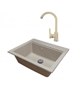 Pachet Chiuveta bucatarie Sanitec Vena SN9034BEJ, granit-compozit, mat, 1 cuva, 60 x 50 cm, baterie de bucatarie HAUSBERG HB-F5001, monocomanda, finisaj mat, Bej