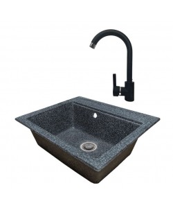 Pachet Chiuveta bucatarie Sanitec Vena SN9034NG, granit-compozit, mat, 1 cuva dreptunghiulara, 60 x 50 cm, baterie de bucatarie HAUSBERG HB-F5000, monocomanda, finisaj mat, Negru