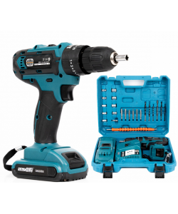 Bormasina - Autofiletanta cu percutie German Meister, 24V, trusa 26 accesorii, 2 acumulatori albastra