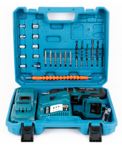 Bormasina - Autofiletanta cu percutie German Meister, 24V, trusa 26 accesorii, 2 acumulatori albastra