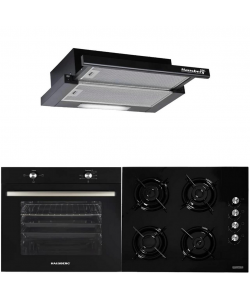 Pachet Incorporabil Hausberg Cuptor electric HB-8051NG, Clasa A, 76L, 2000W, Negru/Inox, Plita Incorporabila HB-563NG, 4 arzatoare, Gaz, Sticla, Negru, Hota incorporabila telescopica HB-1285NG, Putere de absorbtie 420 m3/h, 2 motoare